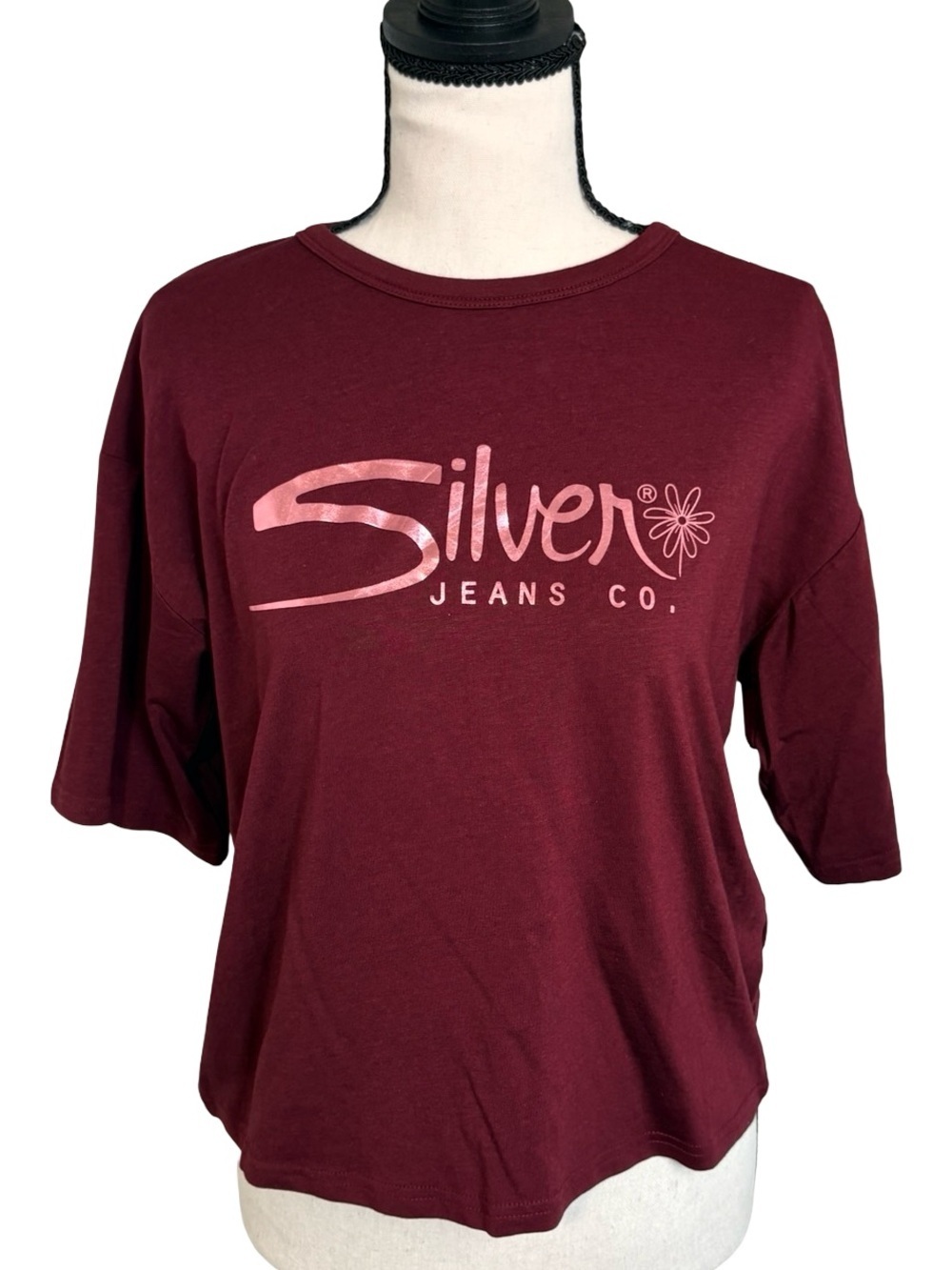 Silver Jeans Co Burgundy Cropped Graphic Tee Size M Y2K Logo T-Shirt